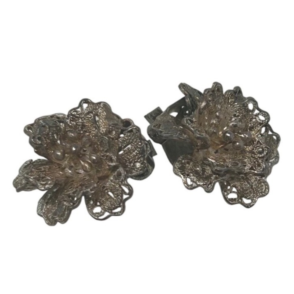 Vintage Sterling Silver Filigree Flower Clip On‎ Earrings Floral Studs Botanical